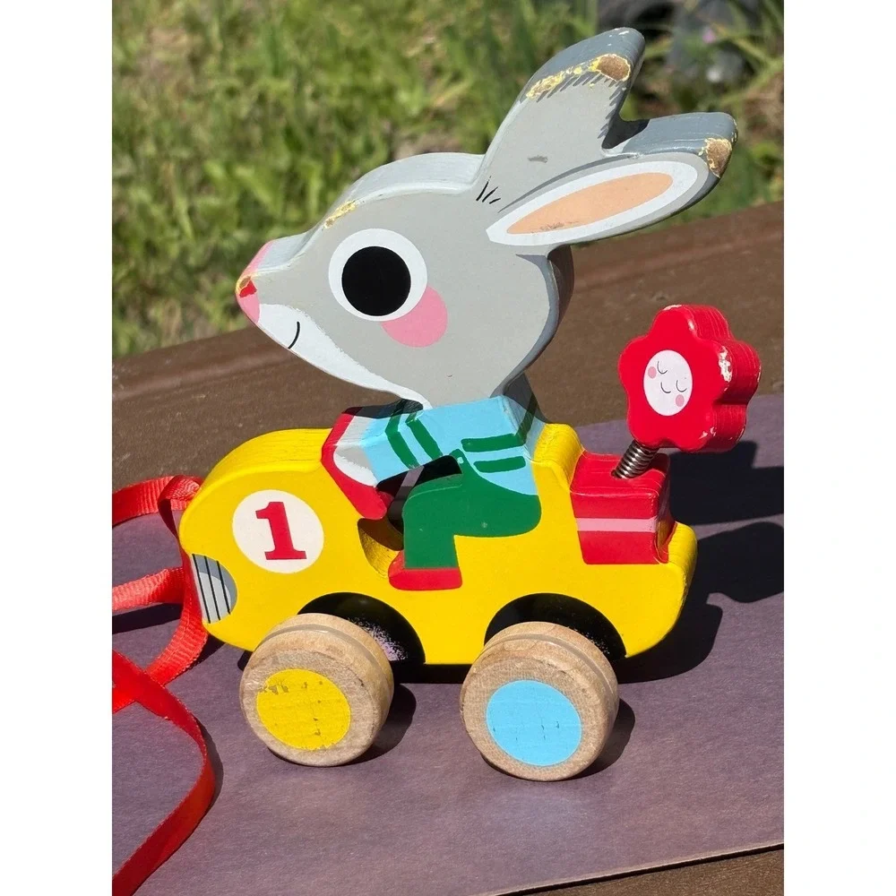 Vintage Pull Toy Kids Bunny Rabbit Race Car spring Retro wooden Unique Dje